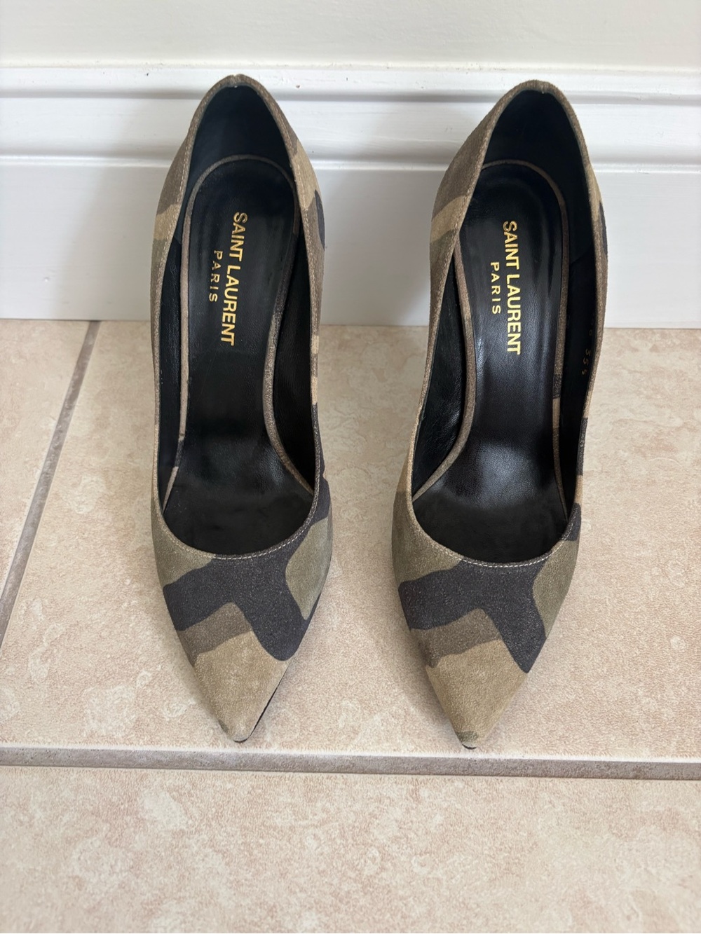 Yves Saint Laurent Camouflage Pointed-Toe Pumps in Brown and Olive